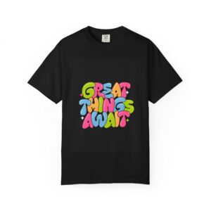 T-Shirt — "Great Things Await" Colorful Retro Bubble Letter Graphic