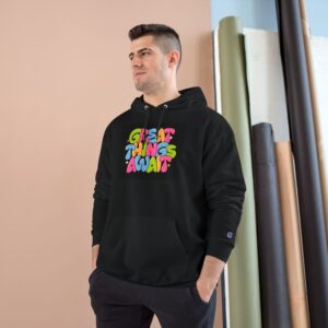 Hoodie — "Great Things Await" Colorful Retro Inspirational Pullover